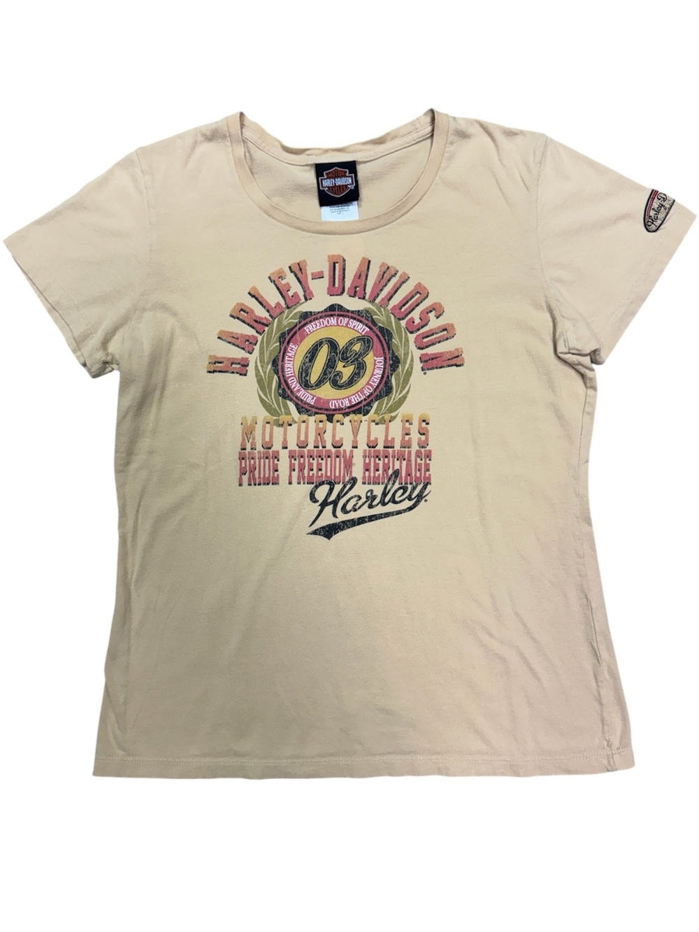 Harley-Davidson Beige Tee with Pink & Gold Graphic